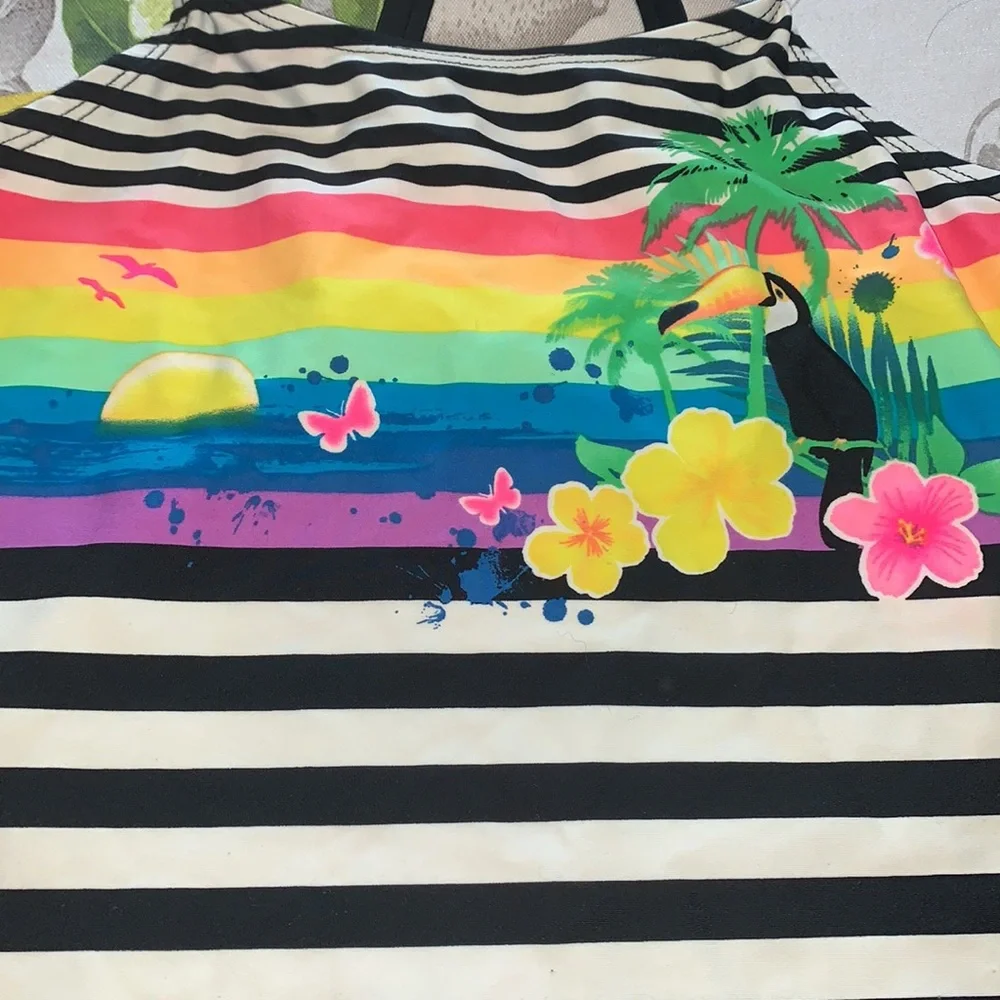 OP Tropical Rainbow/ B&W Striped Tankini Top sz Youth XL EUC